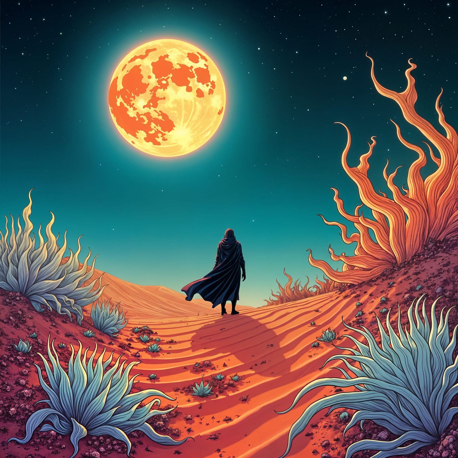 Moonlit Alien Planet with Blooming Flora in Ukiyo-e Style