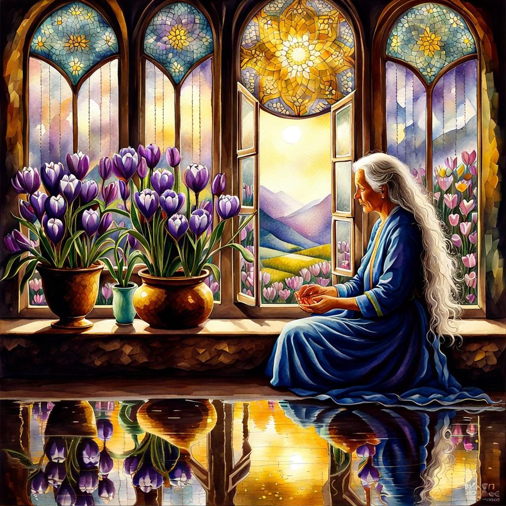 Surreal Mosaic of an Old Lady by Window