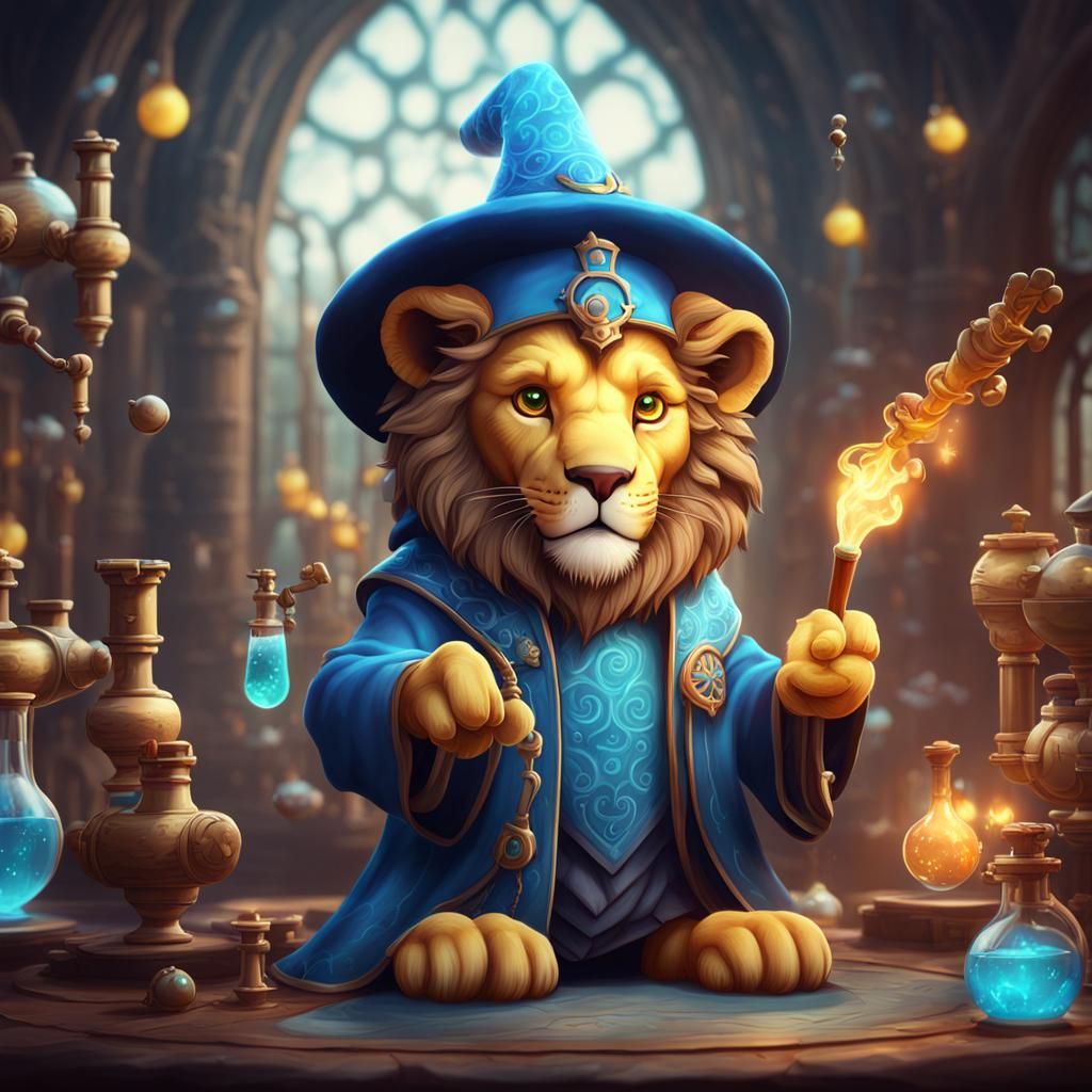 Fantastical Chemistry Lion Wizard in Detailed Painting