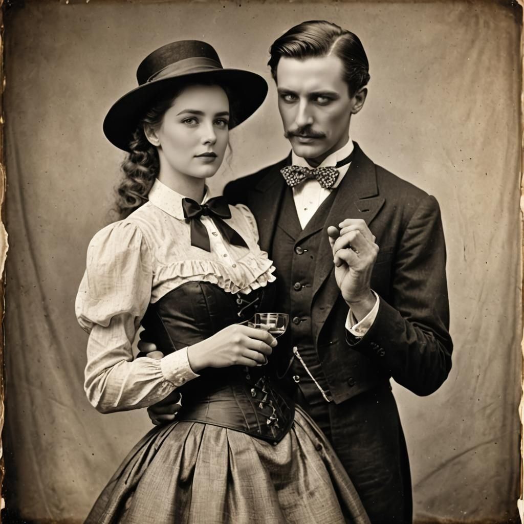 Victorian Era Couple Embrace in Formal Attire