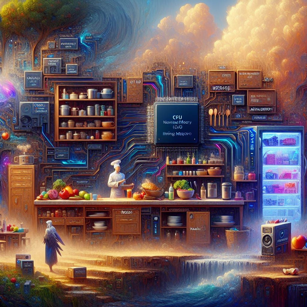 Computer Kitchen Concept Art: CPU Chef in Deep Colors