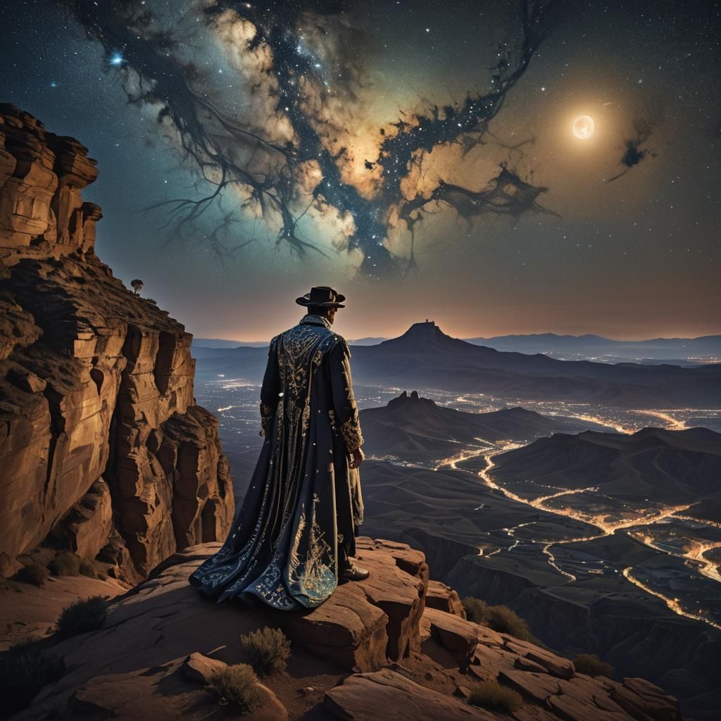 Figure on Cliffside Under Starry Sky as Matte Painting