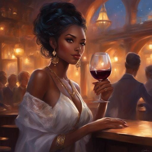 Caribbean Girl Portrait Drinking Wine in Royo Style