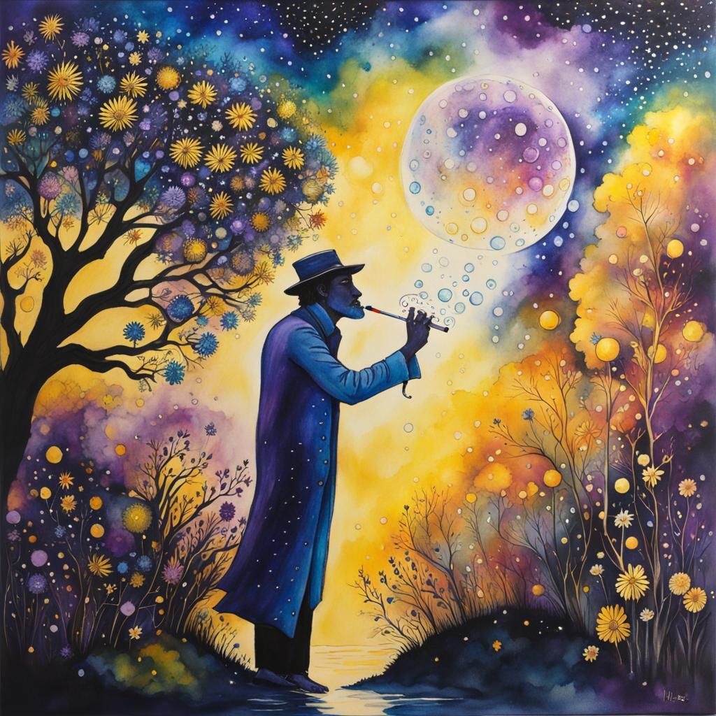 Man Smoking Pipe Under Starry Sky in Fineliner Style