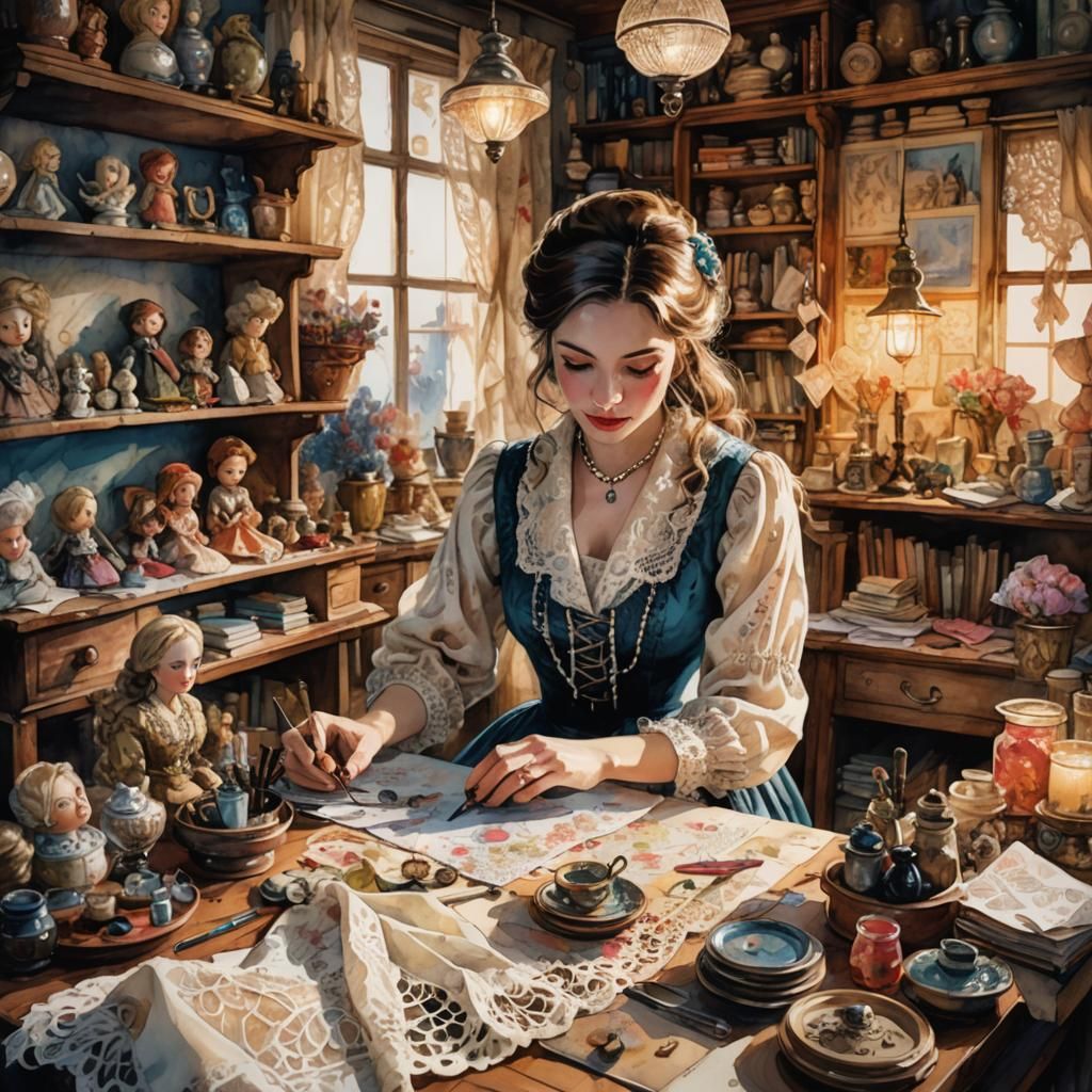 Woman Dressing Vintage Dolls as Watercolor Painting