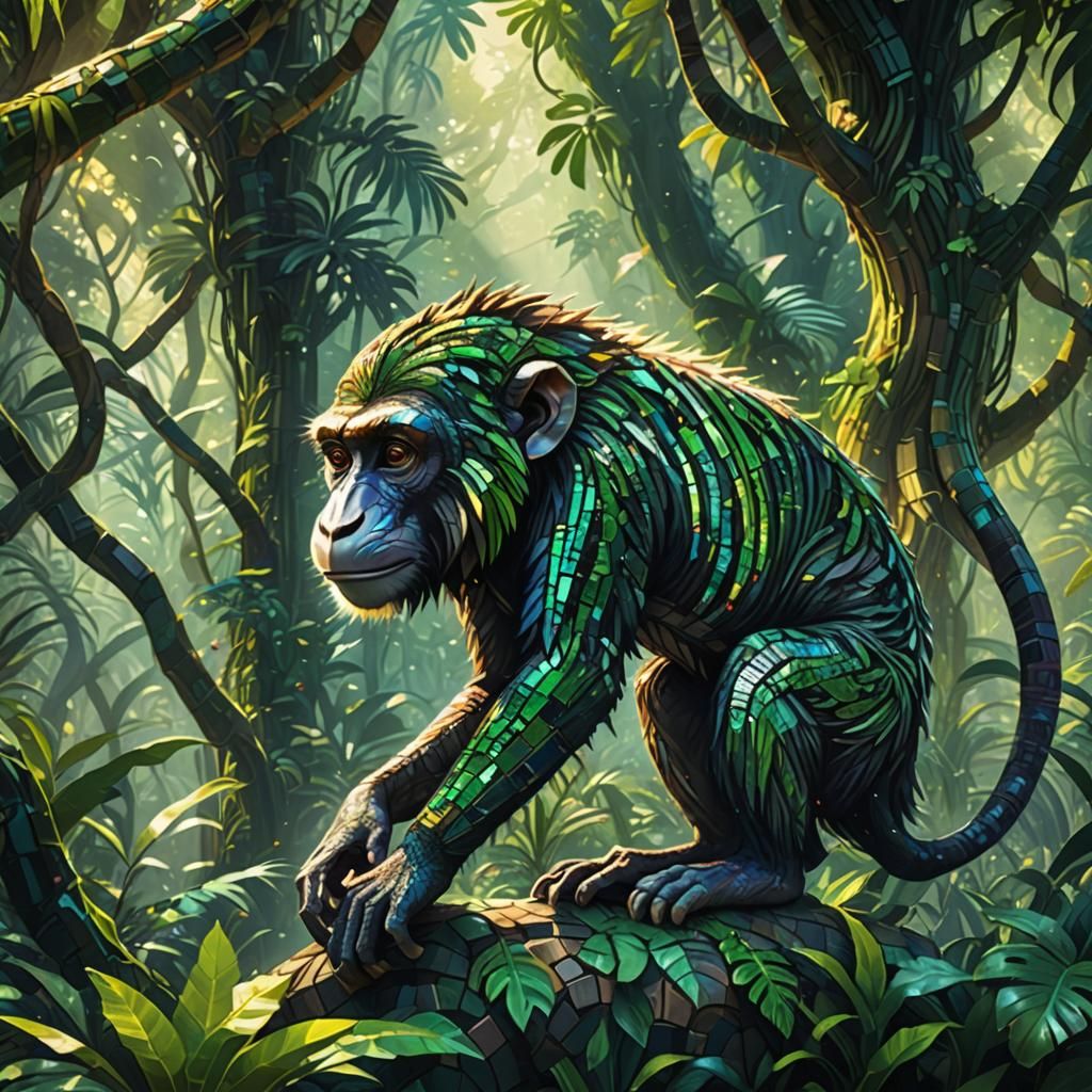 Mosaic Monkey in Mystical Jungle: Fantasy Art