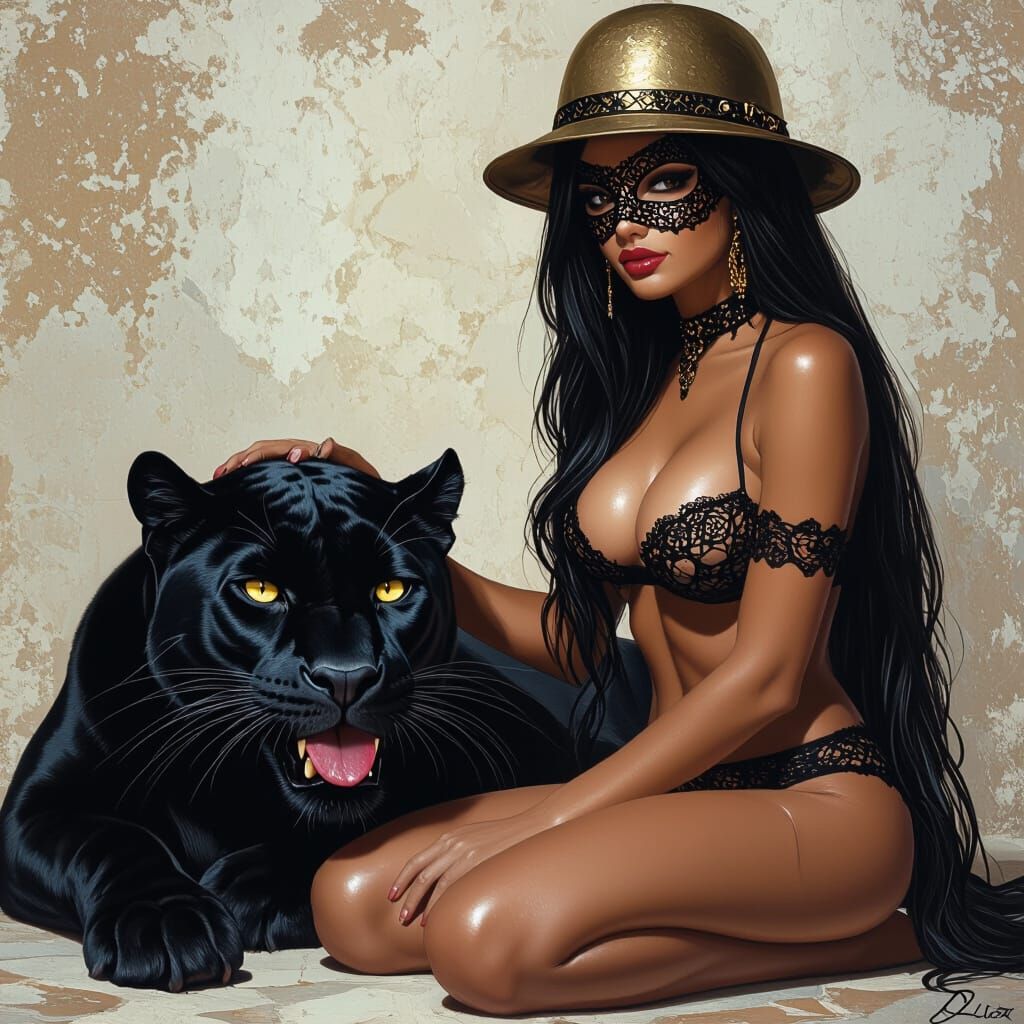 Latina with Panther in Exotic Digital Art Style