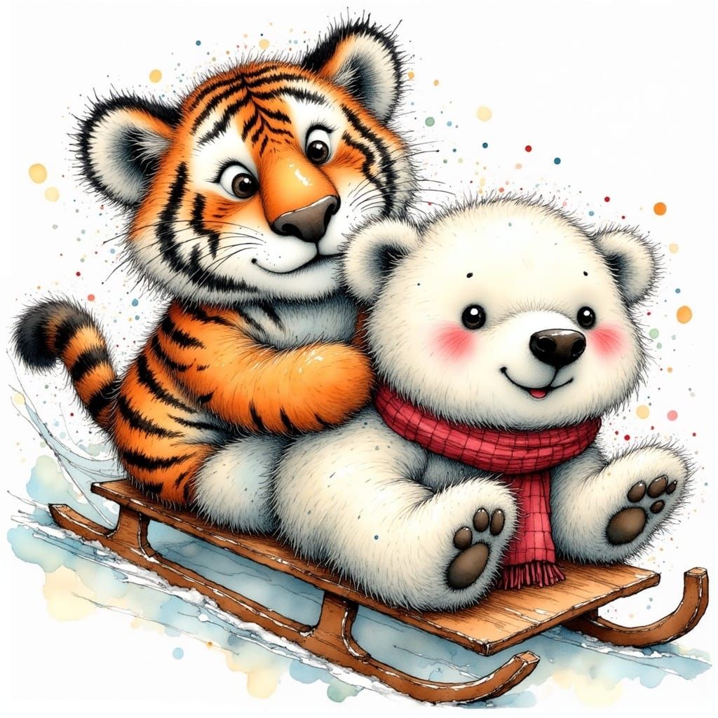 Tiger and Polar Bear Cubs Sledding, Children's Illustration