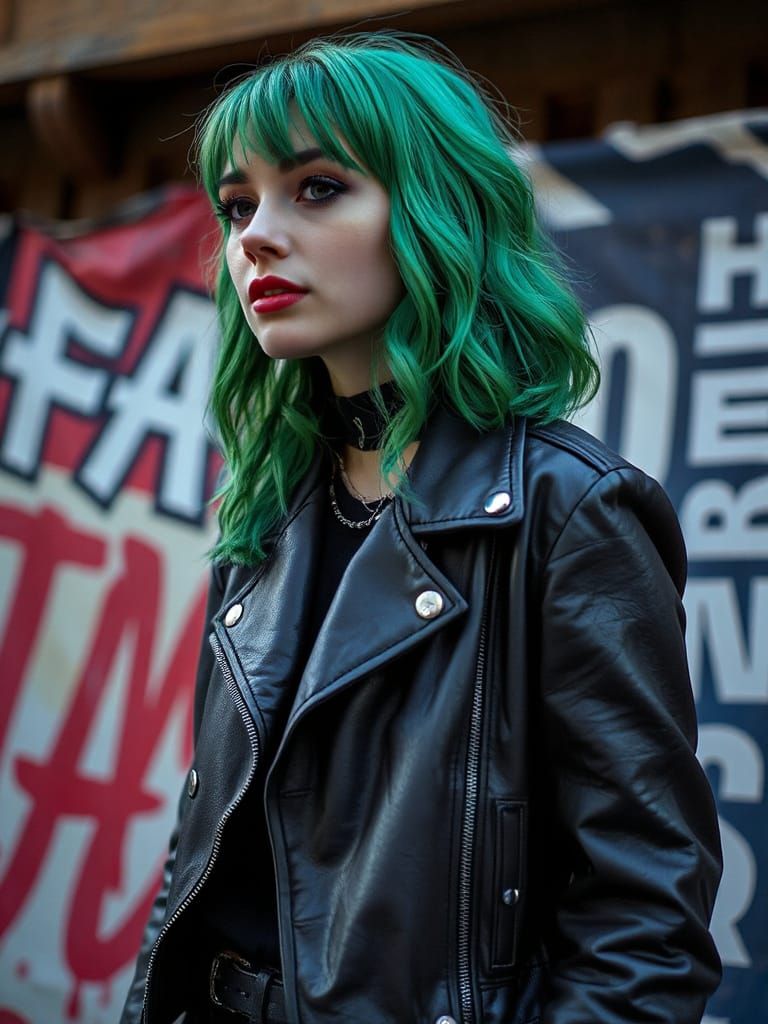 Female Singer in Grunge Style with Green Hair