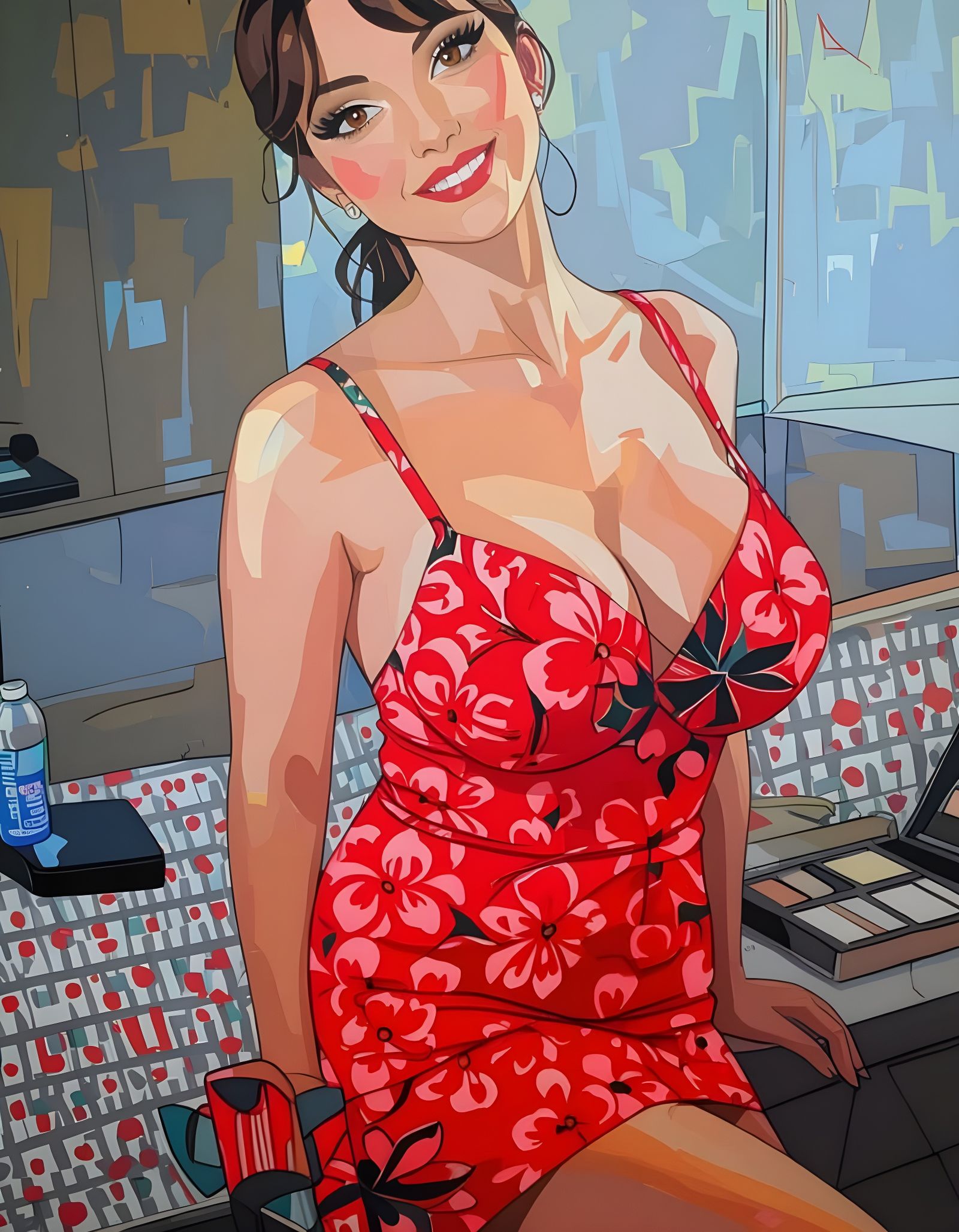 Brunette in Red Dress, Alphonse Mucha Style