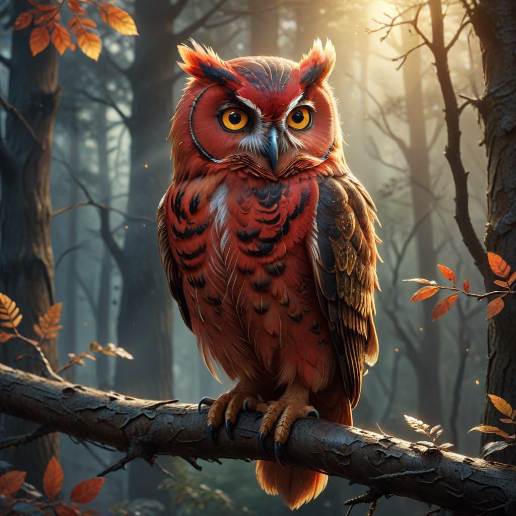Majestic Red Owl in Misty Forest: Digital Painting