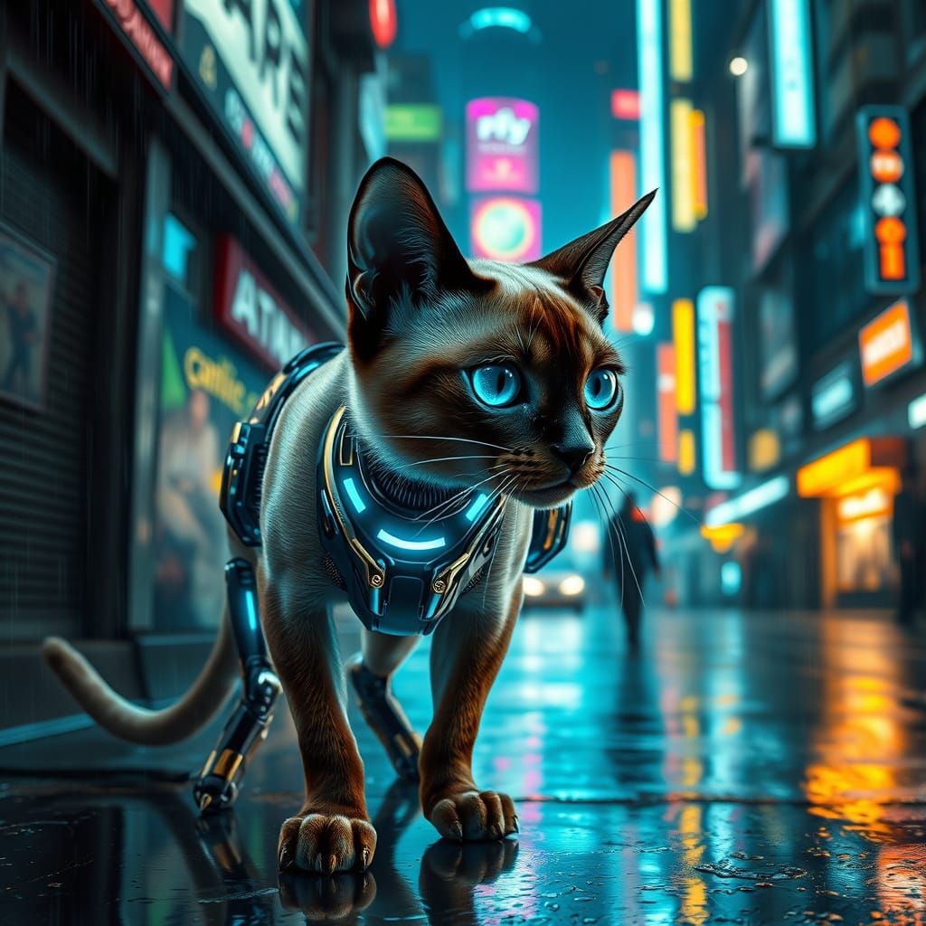 Cyberpunk Siamese Cat in Neon-Lit Alley