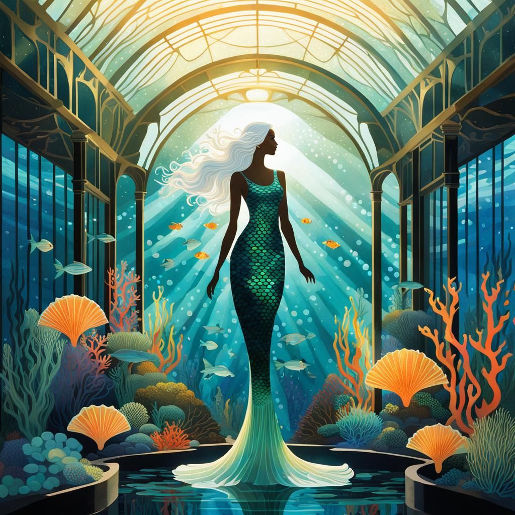 Erté-Style Mermaid in Underwater Glass Greenhouse