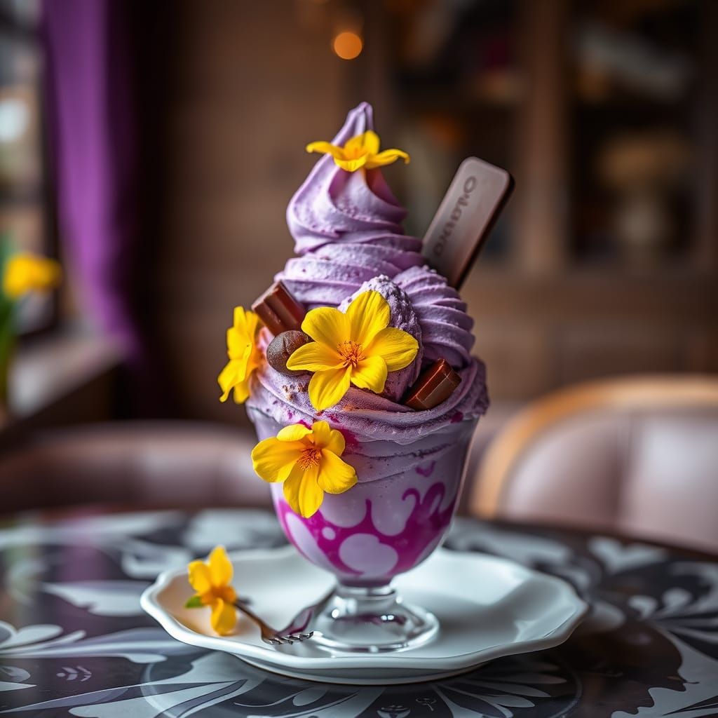 Purple Sundae with Yellow Flowers and Chocolates