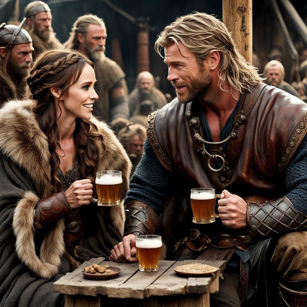 Viking Feast with Golden Light and Foamy Mugs