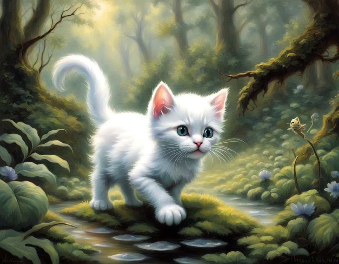 Kitten's Forest Frog Hunt: Ethereal Fantasy Art