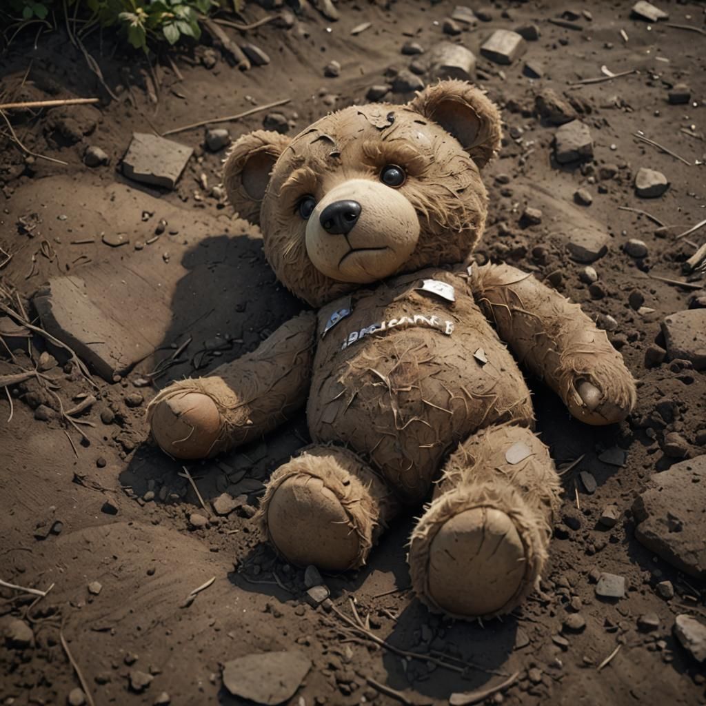 Sad Teddy Bear in Dirt: Dark Fantasy Art