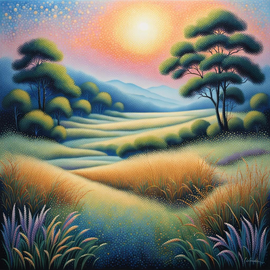 Dreamlike Meadow: A Pointillism Masterpiece at Dusk