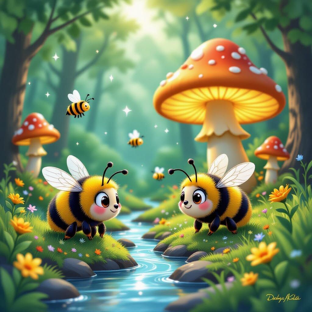 Whimsical Forest with Adorable Bumblebees in Pixar Style