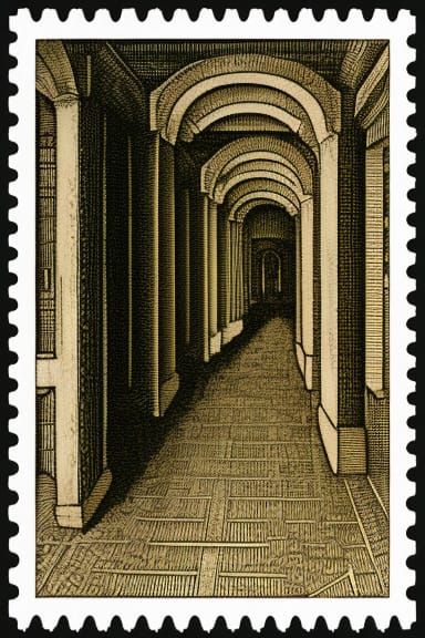 Liminal Corridor Postage Stamp in Dürer Style