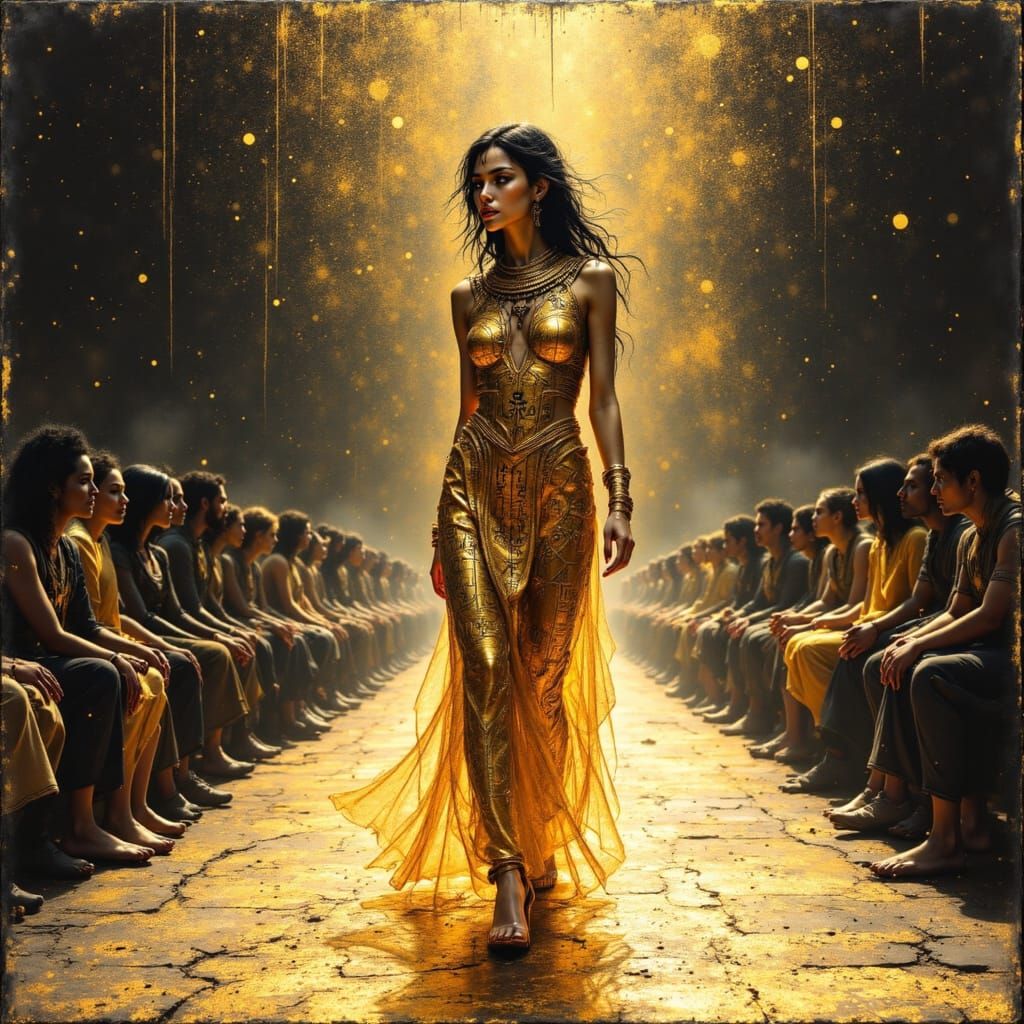 Ethereal Fashion Model in Ancient Gold Attire