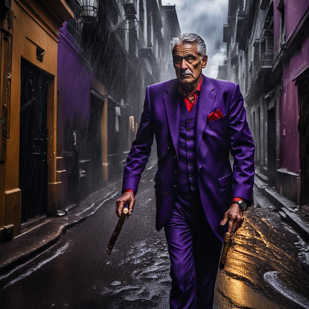 Sinister Man in Purple Suit in Rainy Alley
