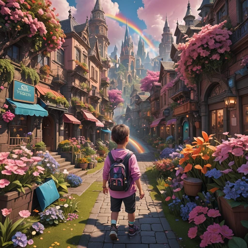 Cute City Scene with Baby, Rainbows, and Flowers
