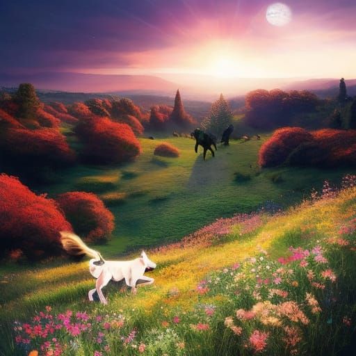 Puppy Dreams in Wildflower Meadow at Sunset