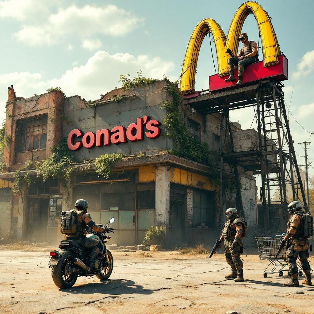 Post-Apocalyptic Motorcyclist Beside Collapsed Supermarket