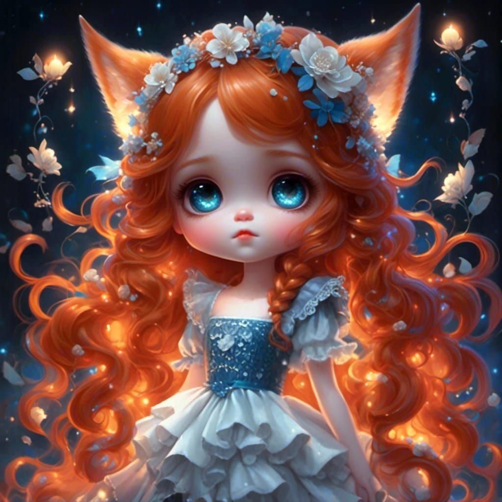 Ginger Chibi Girl with Cat Ears in Cartoon Art