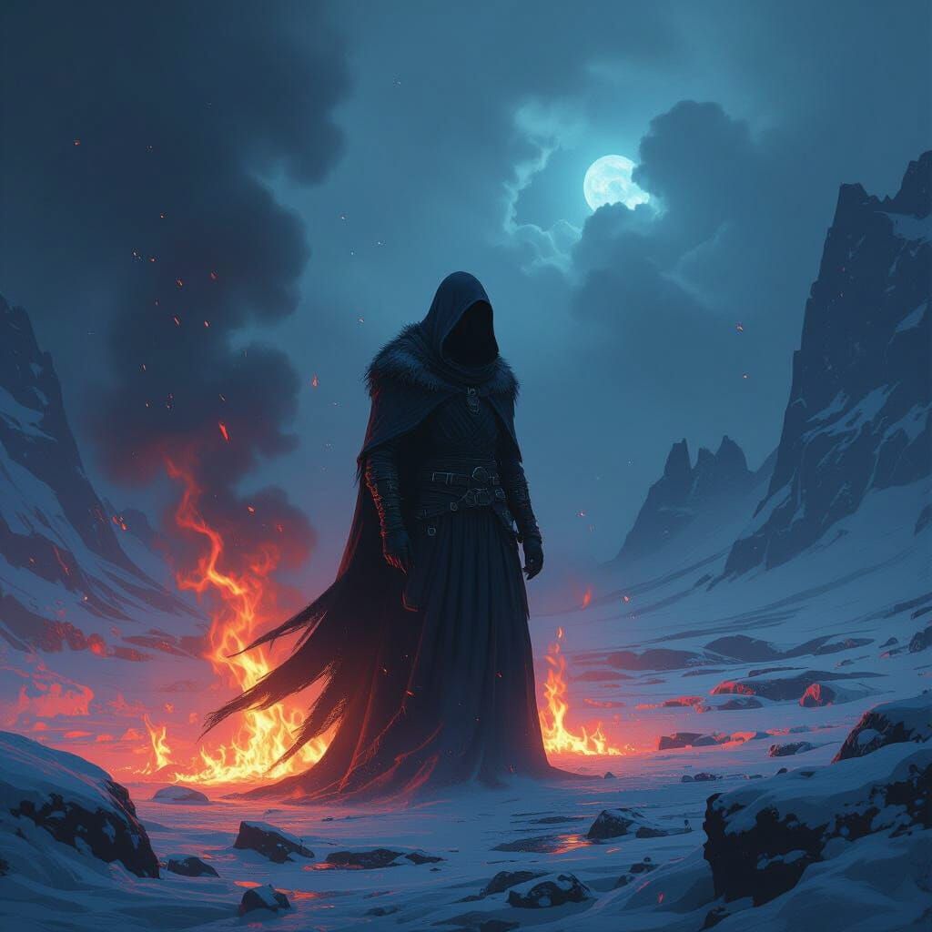 Mystical Figure in Fire, Ice, and Wind