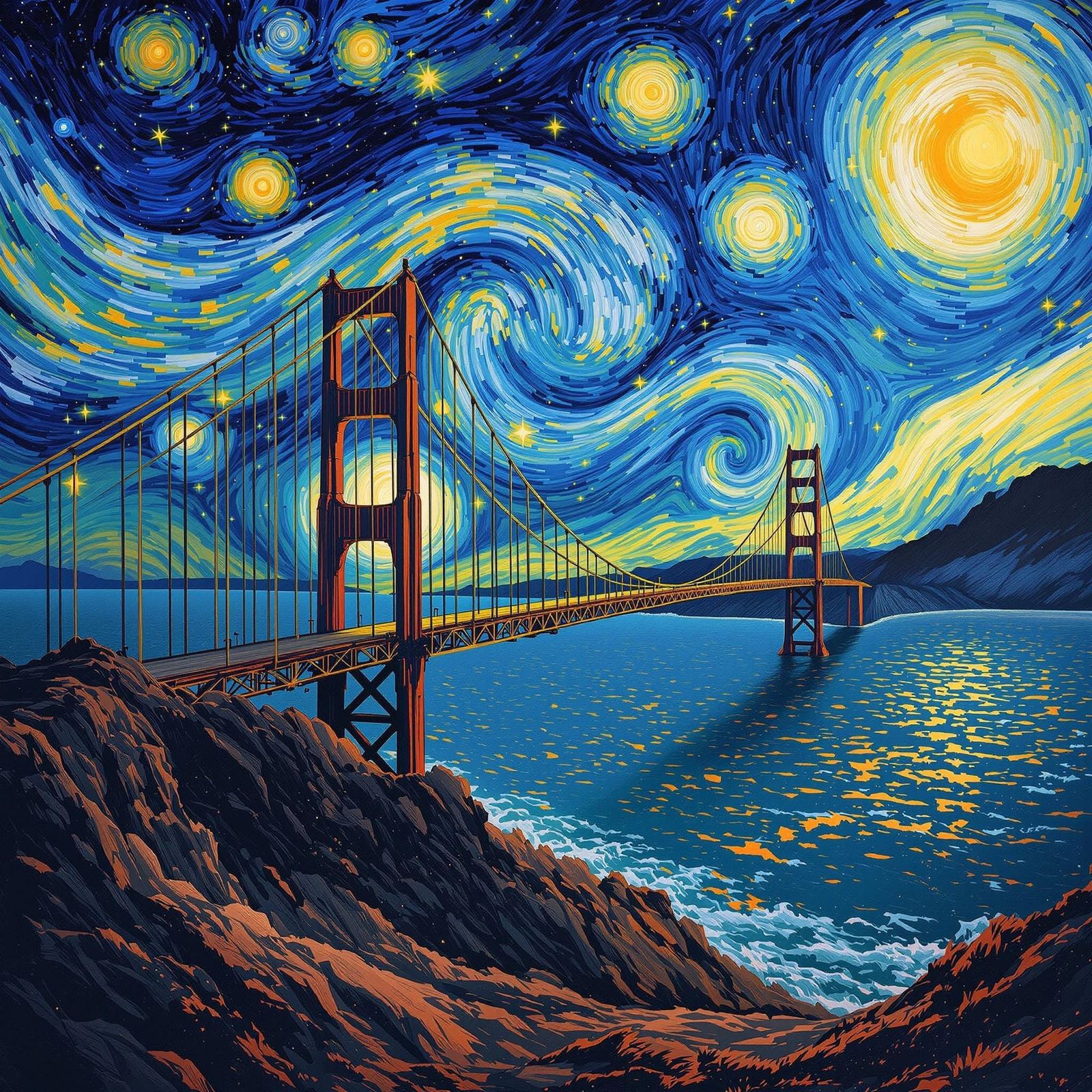 Mystical Convergence of Golden Gate Bridge and Starry Night