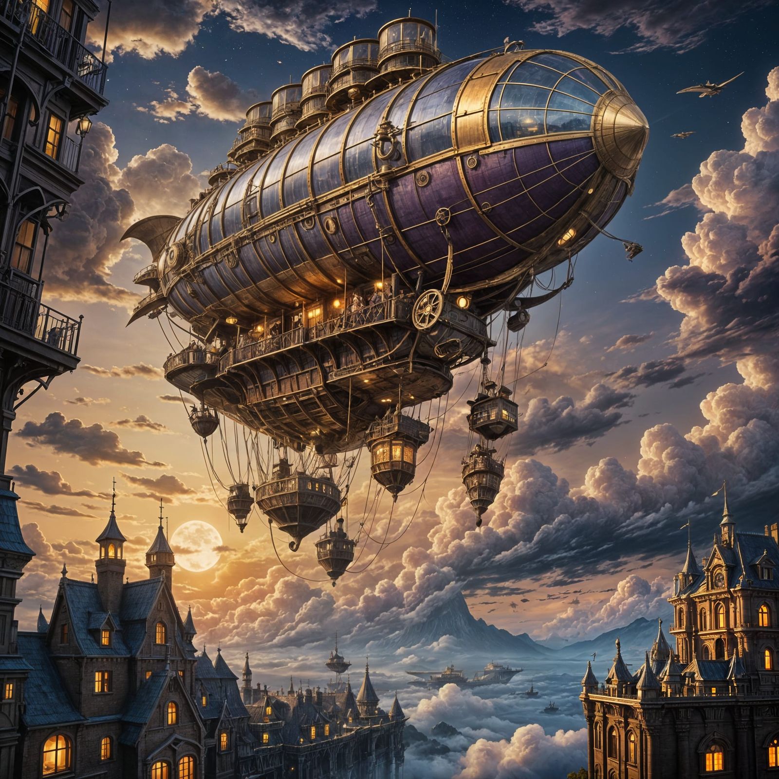 Steampunk Airship Soaring Through Twilight Sky