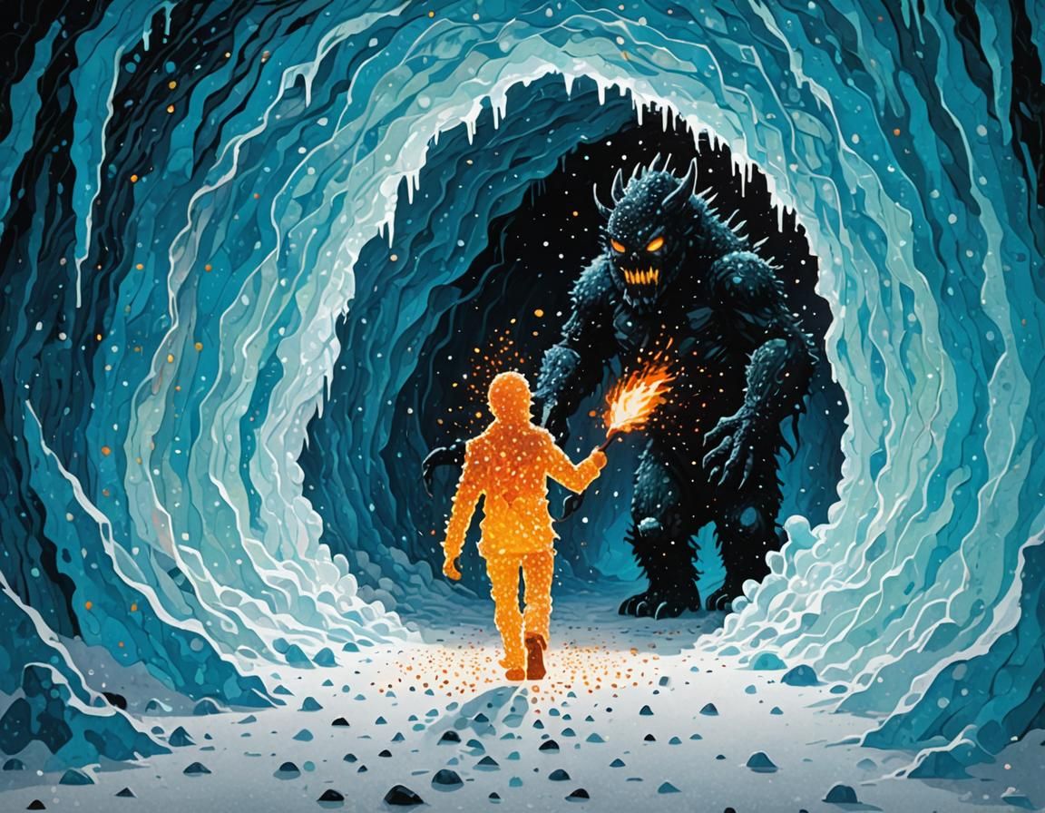 Pointillism Monster in Ice Cave with Torch