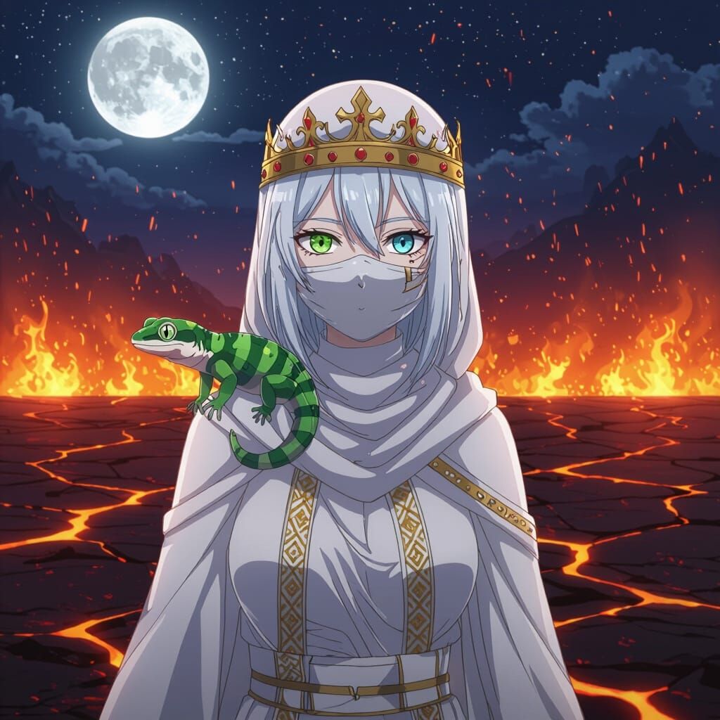 Anime Woman with Gecko in Lava Landscape