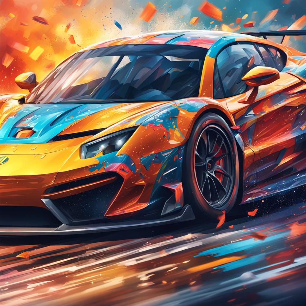 Detailed Super Sports Car Racing: Hyperrealistic Splash Art