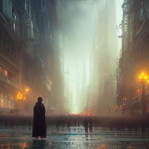 Solitary Figure in Hyperdetailed Metropolis Crowd