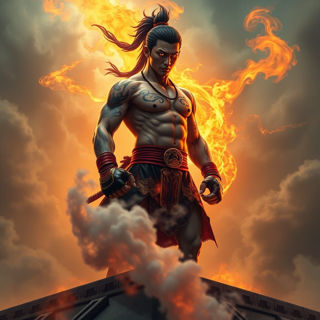 Muay Thai Warrior on Ziggurat in Anime Style