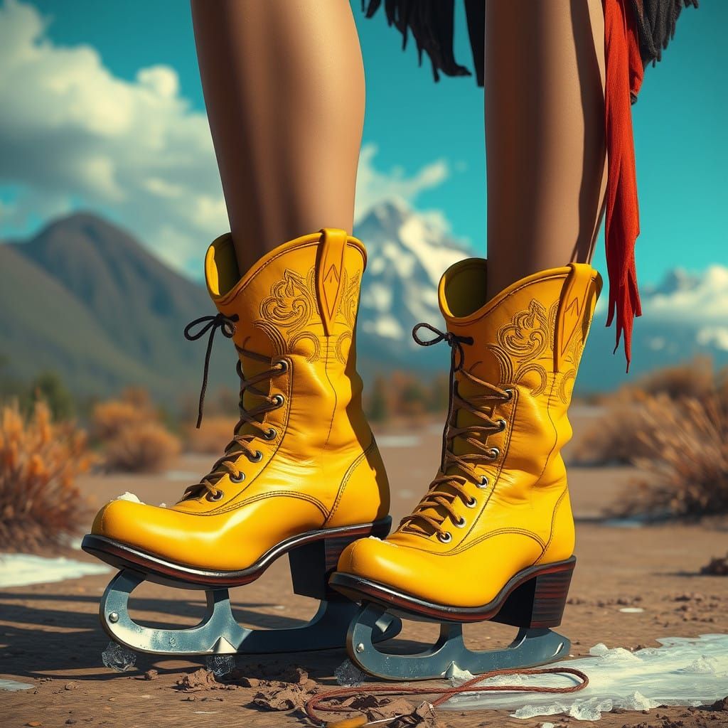 Vibrant Fantasy Feet in Yellow Cowboy Boots and Ice Skates