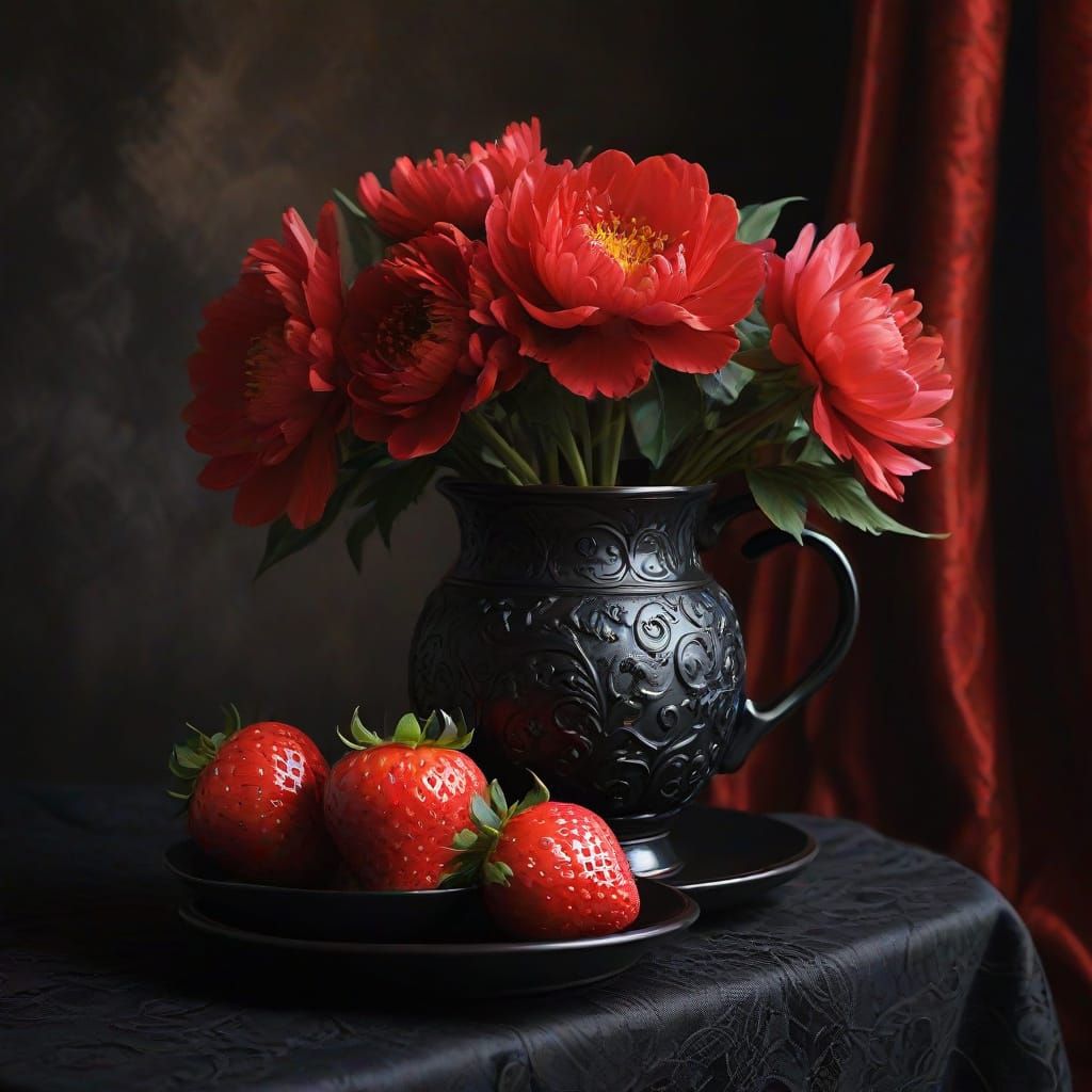 Still Life with Coffee, Peonies, and Strawberries