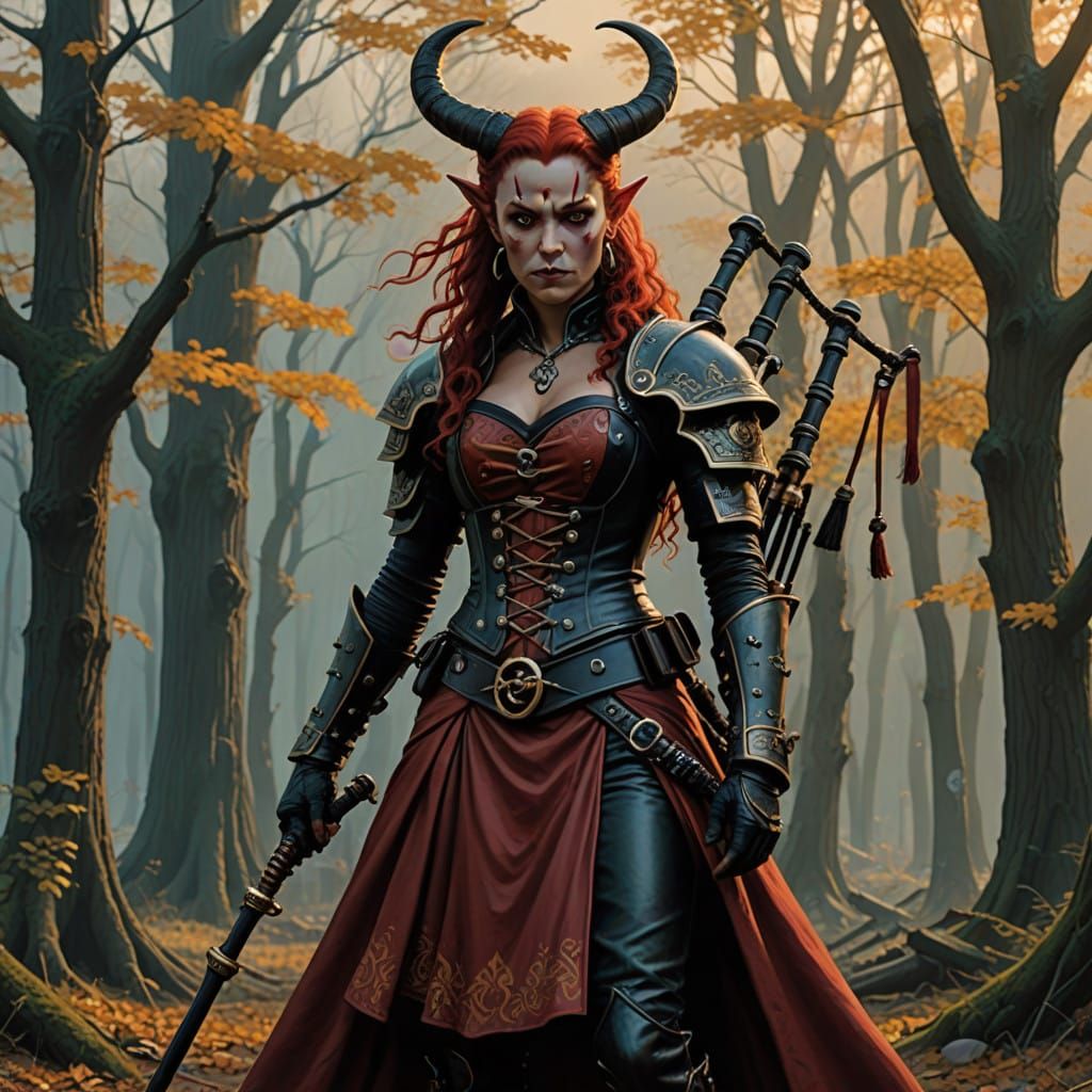 Fiery Female Tiefling Bard in Epic Bagpipe Performance