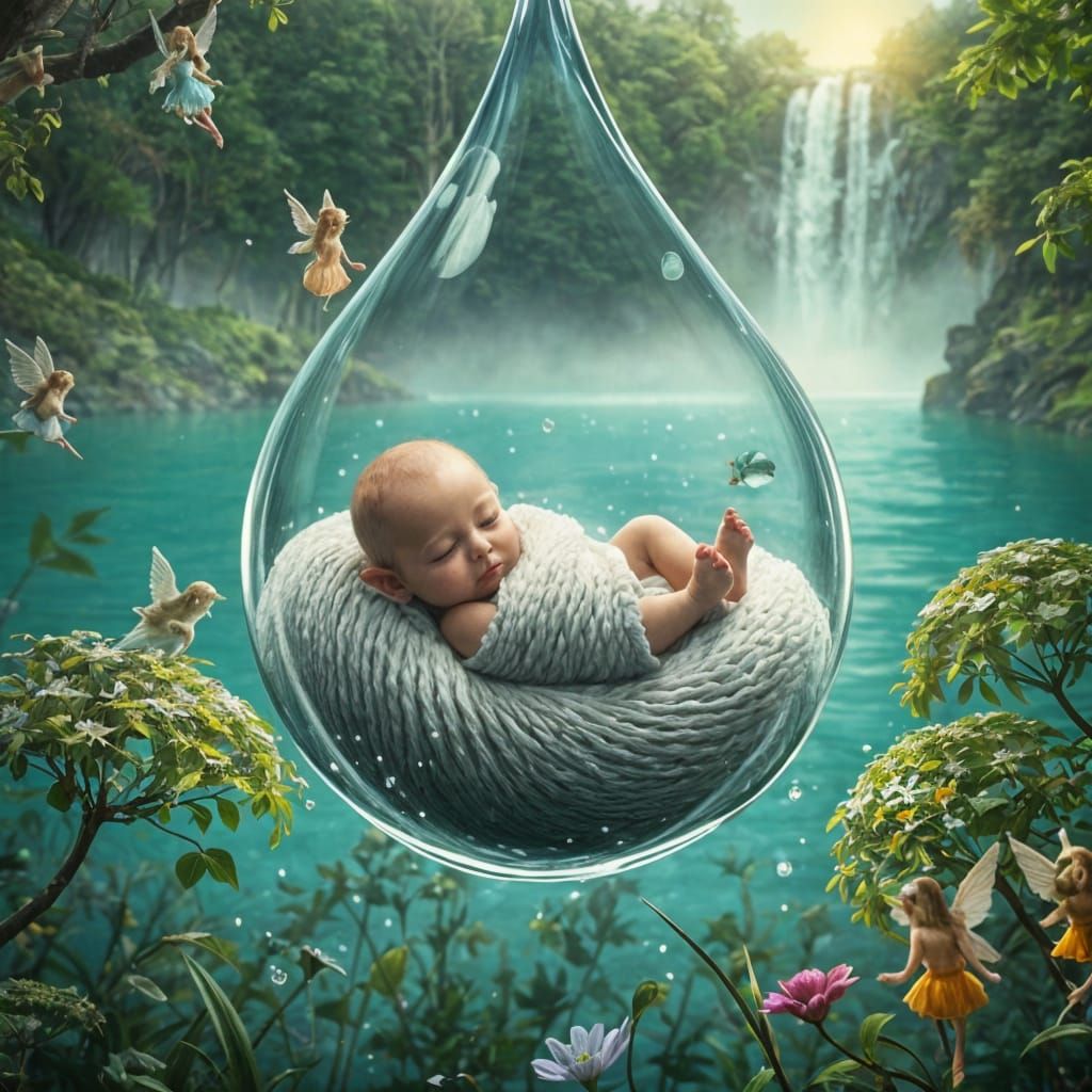 Whimsical Baby Elf in Dewdrop Scene