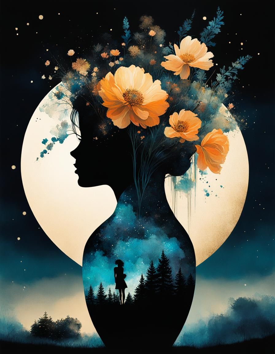 Dreamlike Flower Vase Against Night Sky