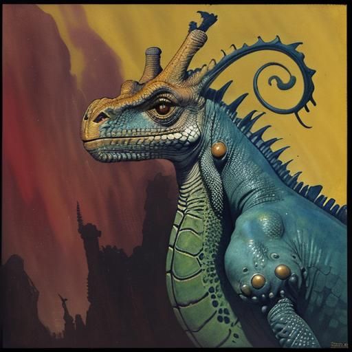 Surreal Giraffe-Iguana Dreamscape in Watercolor Style