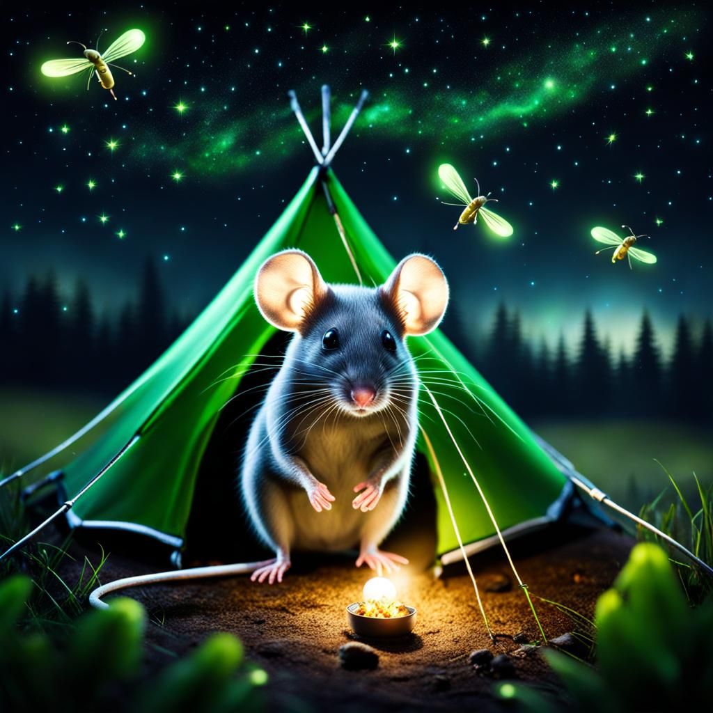 Mouse Campsite Under Aurora Sky: Hyperrealistic Photography