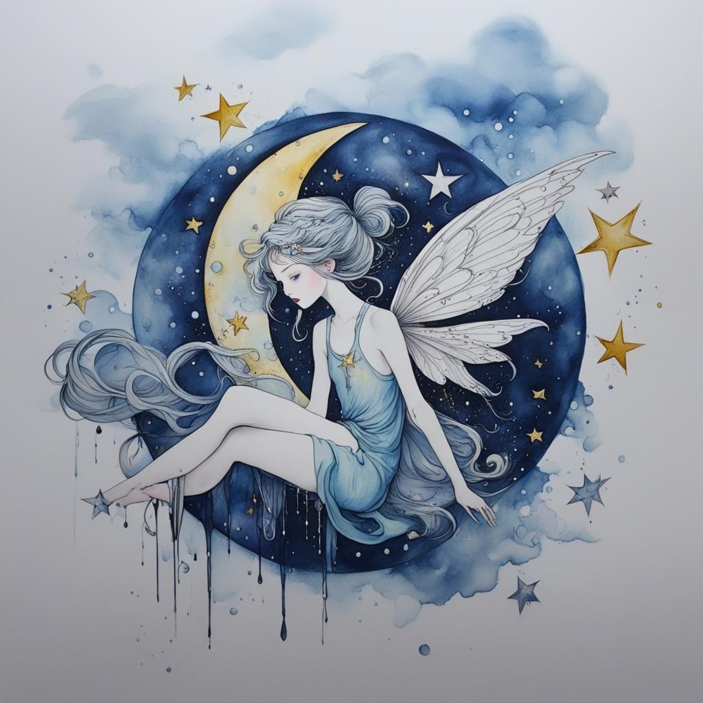 Fairy on Crescent Moon with Watercolor Effect