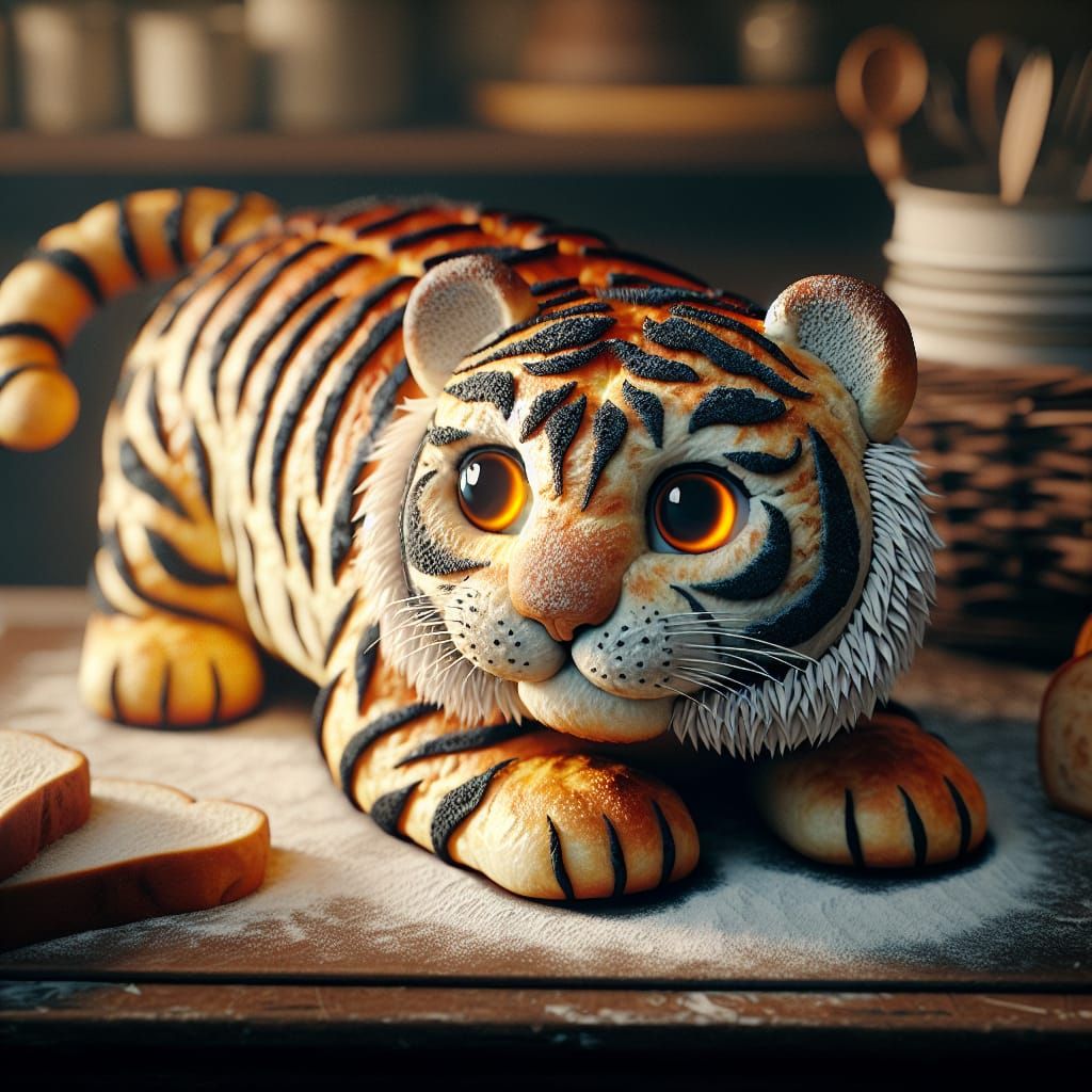 Imagine an adorable tiger made out of bread with blackened stripes and a dusting of white flour and orange cheesy eyes p...
