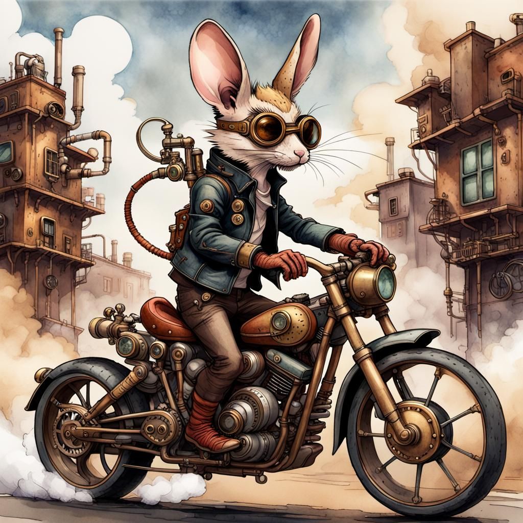 Steampunk Jerboa on Motorcycle Concept Art