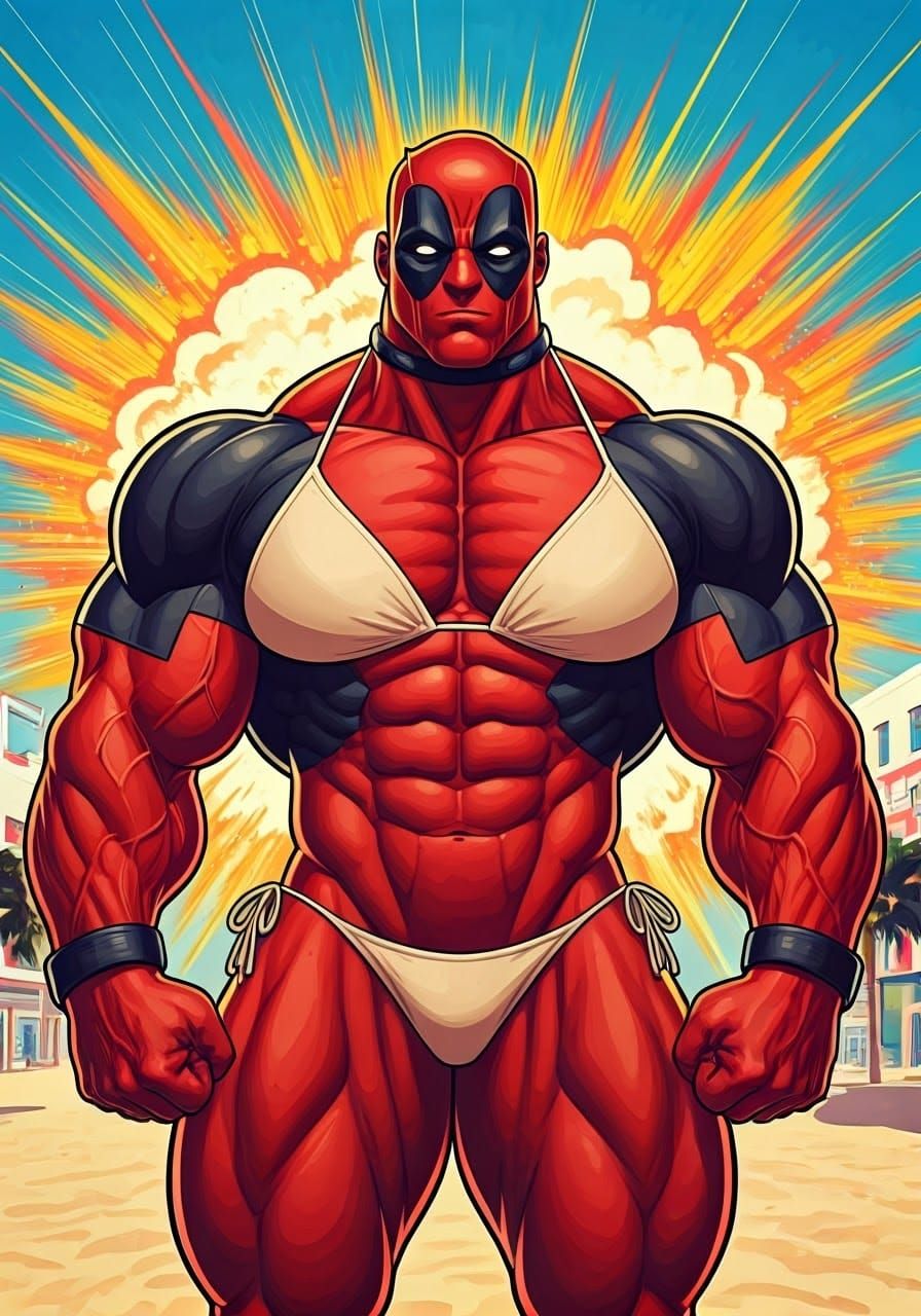 Deadpool's Miami Beach Bikini Bod in Anime Comic Style