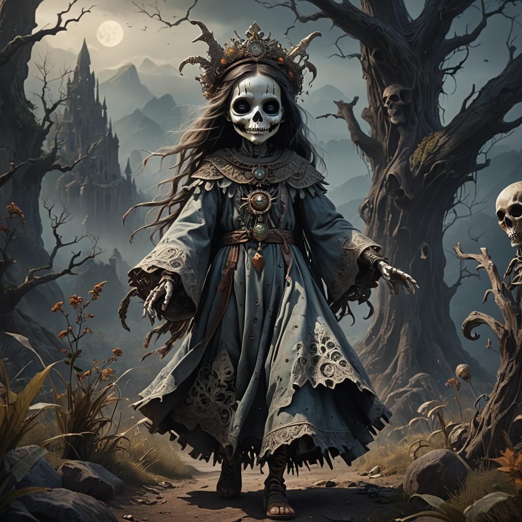 Fantastical Ghost Girl Playing Tam-Tam: Detailed Matte Paint...